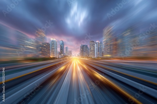 Dynamic Cityscape: Speeding Towards Illuminated Towers at Dusk