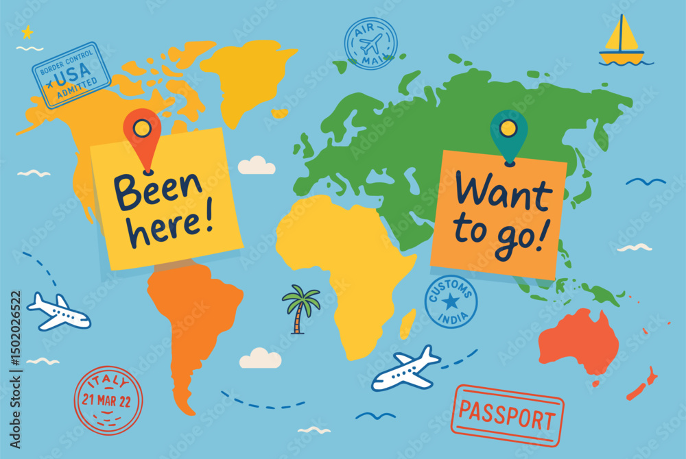 Naklejka premium Travel Goals Map Been Here and Want to Go Travel Concept Illustration