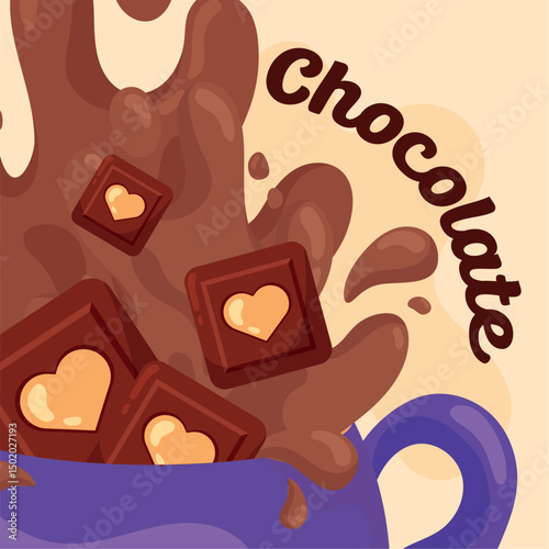 Purple mug chocolate splash. Vector