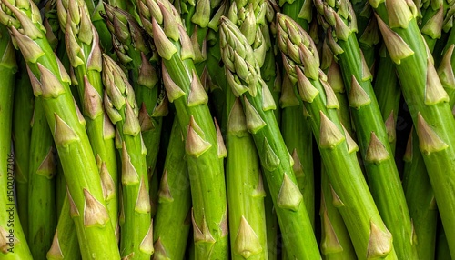 Fresh Green Asparagus Stalks Arranged Vertically on a Wooden Background Ready for Cooking photo
