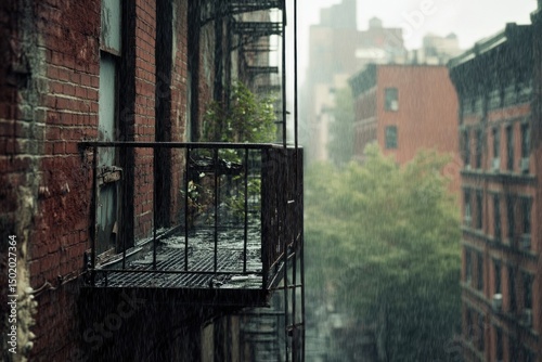 Rain falls on a brick building with a balcony in a city setting.