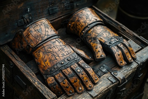 Two weathered, ornate leather gauntlets rest inside a rustic wooden chest, hinting at a forgotten medieval past. photo