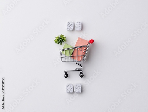 Miniature Shopping Cart with Pastel Packages on White Background