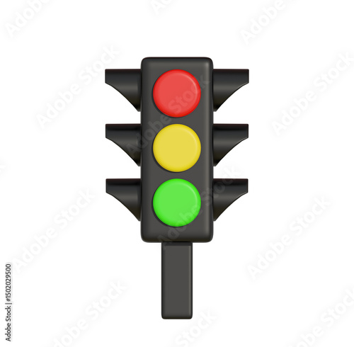3D icon of a traffic light displaying red, yellow, and green colors for road safety.