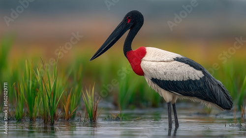 Graceful Jabiru Stork with vibrant plumage in a serene wetland environment