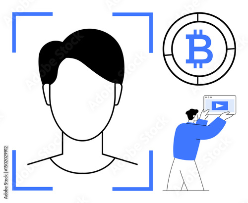 User face scanning, Bitcoin logo in circular frame, man showing video on screen. Ideal for blockchain, cryptocurrency, identity verification, digital security, online interaction, financial