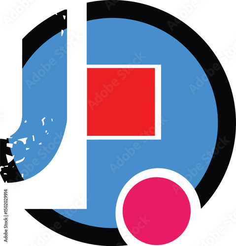 Creative J Letter Vector, Blue Circle with Red Square, Modern Artistic Logo Design Illustration