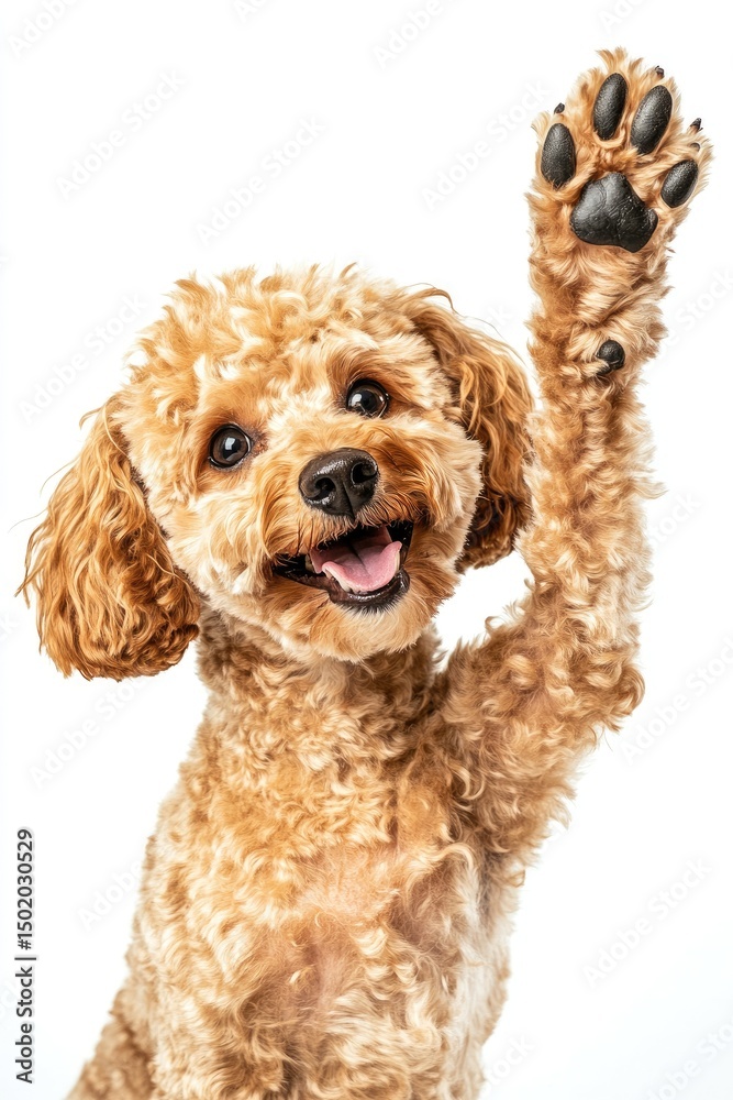 Fototapeta premium Playful apricot poodle giving high five. Happy, adorable, and fluffy