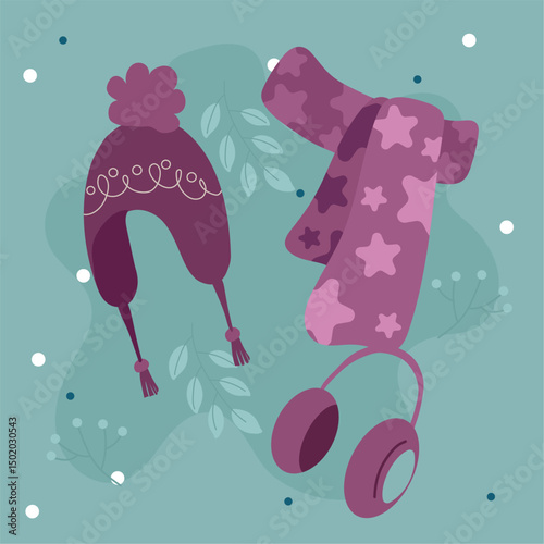 Star scarf and earmuffs set. Vector