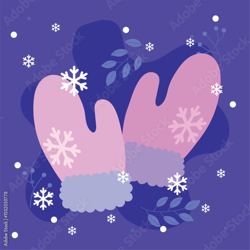Pink mittens winter gloves. Vector