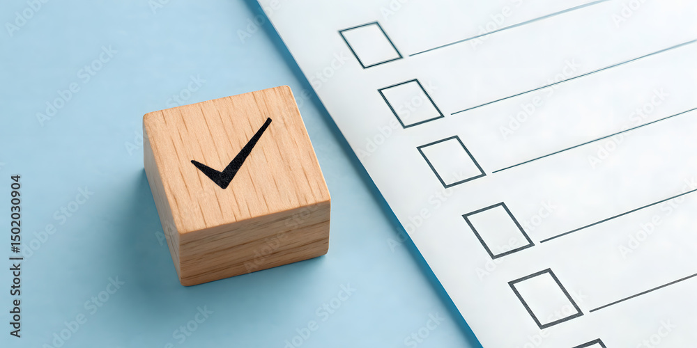 Fototapeta premium Wooden Block with Check Mark Next to Checklist on Light Blue Background