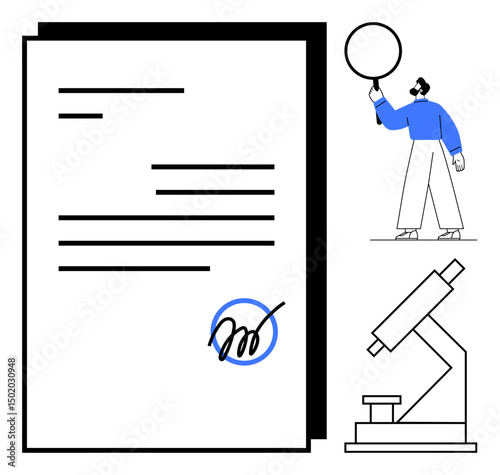 Signed document beside person holding large empty circle and microscope symbolizing research and analysis. Ideal for science, contract, education, licensing, teamwork, approval, simple landing page
