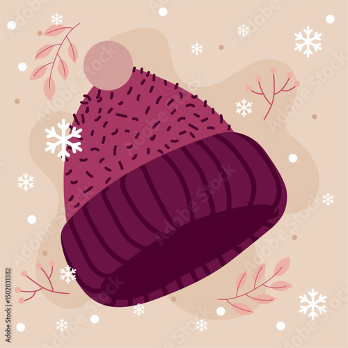 Knitted beanie with pompom. Vector
