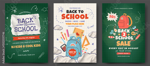 Back to School banner set with typography and school supplies elements. Vector design template for poster, card, sale, invitation, flyer.