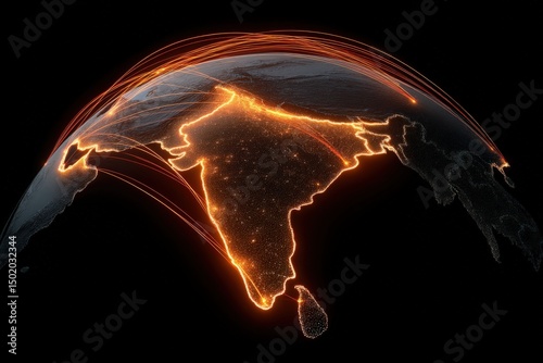 The artwork showcases a globe with India illuminated by glowing lines representing digital connections and data flows. It symbolizes global communication and technology links.