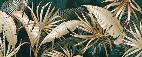 Tropical art background with hand drawn exotic plant leaves in gold line style. Botanical banner for wallpaper, packaging, textile, poster, print, interior design.