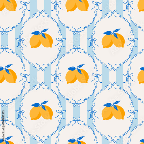 Seamless pattern with lemons in whimsical frames, bows on striped background. Italian vacation aesthetics. Modern trendy vector design for print, fabric, wallpaper, wrapping paper.