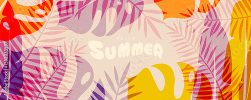Summer horizontal abstract background with tropical leaves. Modern art design template for celebration, ads, branding, banner, cover, label, poster, sale. Vector creative concept