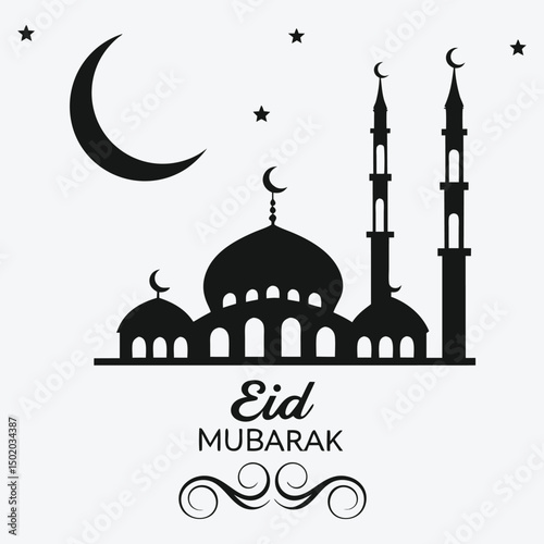 Eid Mubarak greeting card with mosque silhouette and crescent moon