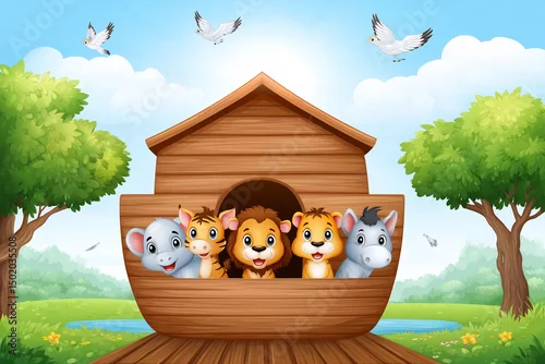 Obraz Cartoon Animals Joyfully Entering a Large Wooden Ark in a Vibrant Outdoor Setting During Sunny Weather
