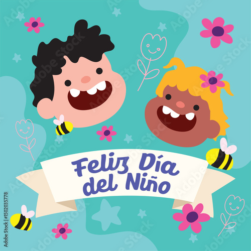 Kids smiling with bees. Vector