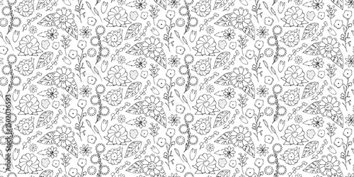 Doodle botany Floral pattern. Flowers, leaves, buds in seamless Print. Contour blooming field with imaginary fantasy Plants for wallpaper, fabric, textile. Black and white Outline. Vector illustration
