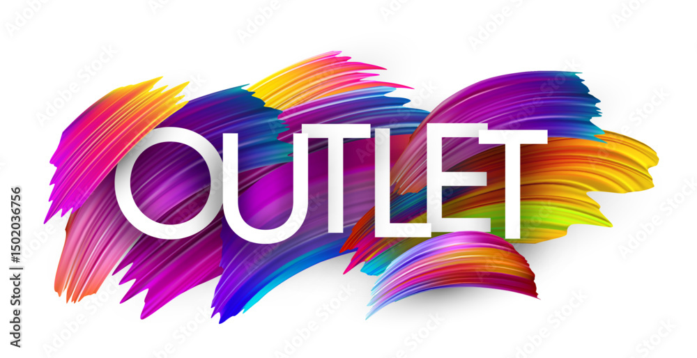 Obraz premium Vector illustration featuring the word Outlet with bold white text over abstract multicolor paint strokes.
