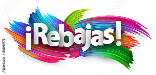 Vector illustration featuring the Spanish word for sale with bold white text over a vibrant brushstroke background. Spanish language shopping promotion.