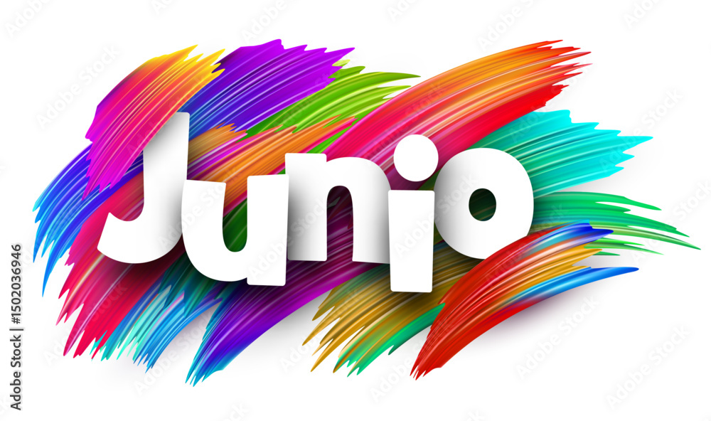 Fototapeta premium Spanish word meaning June in bold white letters over vibrant multicolor vector brush strokes