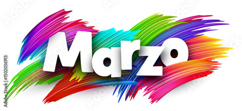 Spanish word meaning March in bold white letters over vibrant multicolor vector brush strokes