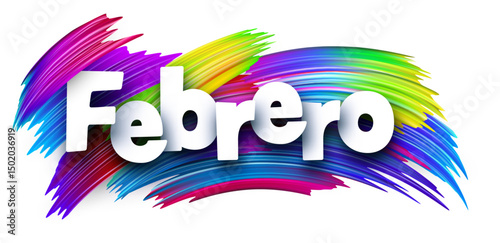 Spanish word meaning February displayed in bold white letters over colorful abstract brush strokes