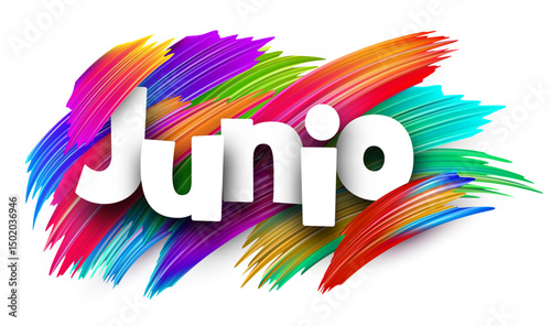 Spanish word meaning June in bold white letters over vibrant multicolor vector brush strokes