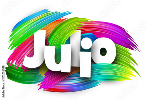 The Spanish word for July displayed in bold white letters on a vibrant paint stroke background