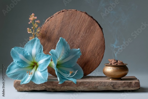 Tranquil still life featuring vibrant turquoise amaryllis, smoldering incense, and aged sandalwood.  Perfect for spa, wellness, or aromatherapy marketing.