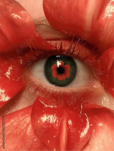Close-up of a human eye surrounded by vibrant red petals. Dreamlike, artistic composition with rich colors and textures. Ideal for beauty, fantasy, or surreal art projects.