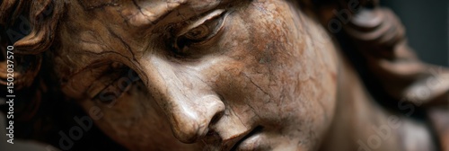 Close-up View of Michelangelos Pieta Showcasing Intricate Details and Textures Against a Blurred Background in a Serene Setting