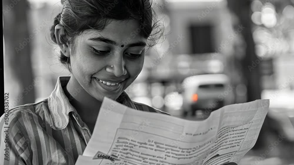 A joyful Indian woman reads a document in an outdoor setting, her smile reflecting her engagement and enjoyment of the content.