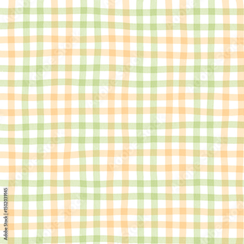 Orange Sage Green Plaid Gingham Check Hand Drawn Background Pattern Overlay