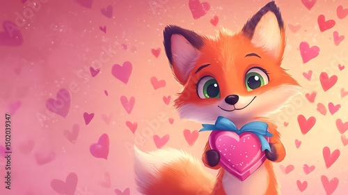 Cute fox holding a heart-shaped gift.