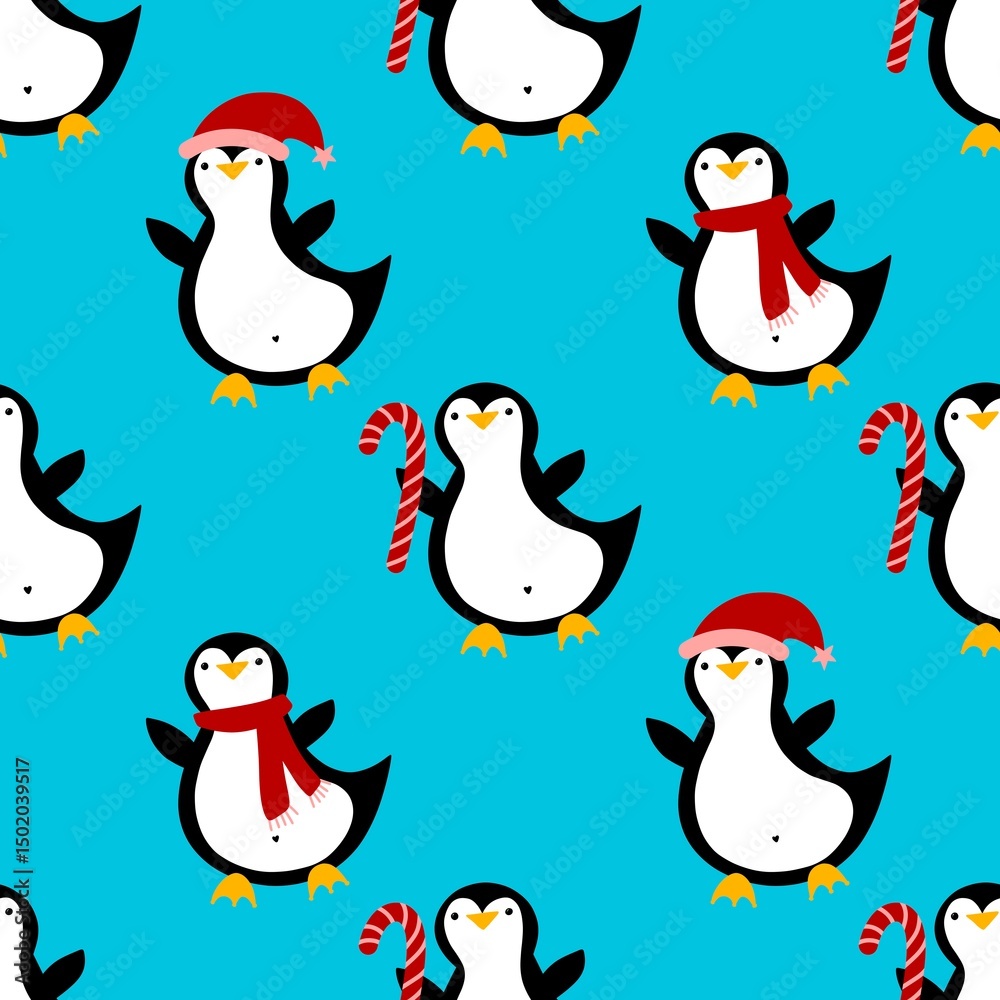 Obraz premium Christmas animals seamless penguin pattern for wrapping paper and fabrics