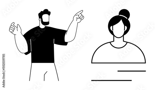 Man gesturing actively while interacting with a displayed female profile. Ideal for teamwork, user interface, collaboration, feedback, connection, identity, communication themes. Flat simple metaphor