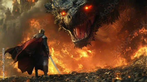 Knight with a sword standing before a dragon surrounded by flames and lava. The concept of fantasy and medievalism.