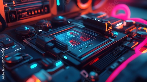 A magical take on a close-up of a futuristic device with holographic displays and intricate details