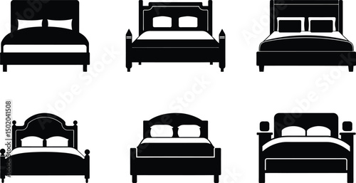 Stylish Bed Silhouette Set on Clean Background, Comfortable Sleep Symbol 