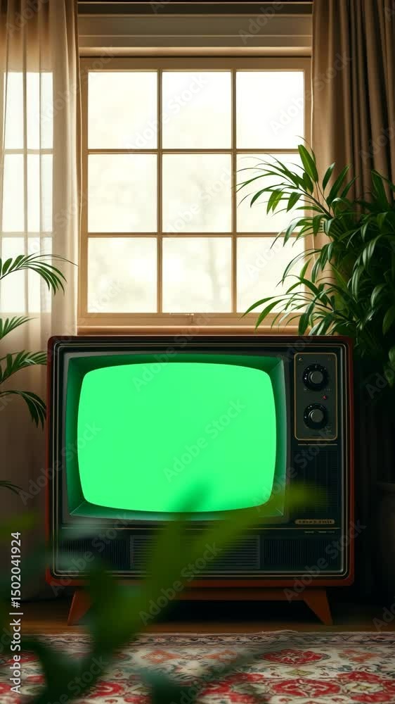 Tv screen blank mockup old vintage tv screen green screen use key light effect Vintage Television Set in retro living room with green plants and sparkling lights Copy space
