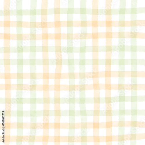 Orange Sage Green Plaid Gingham Check Hand Drawn Background Pattern Overlay