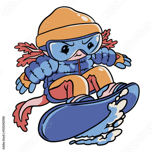 Cartoon axolotl riding a snowboard
