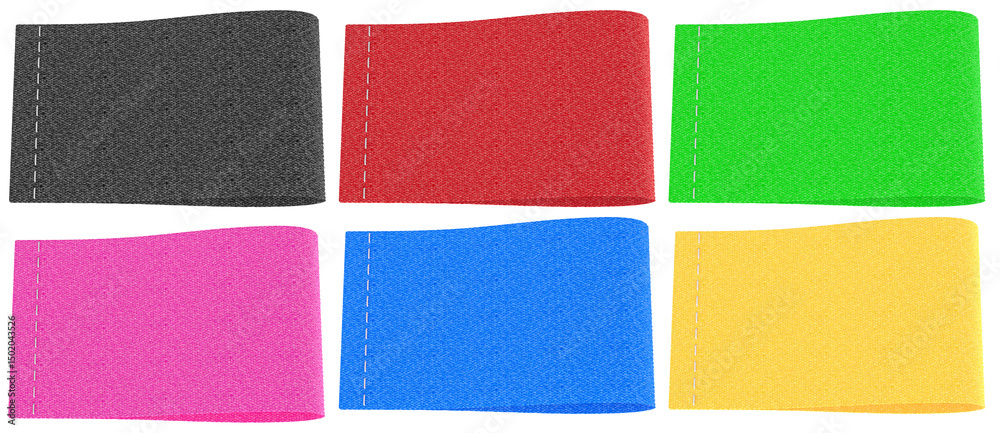 Fototapeta premium Blank Colored Clothing Labels with Stitch Line. 3D rendering isolated on transparent background