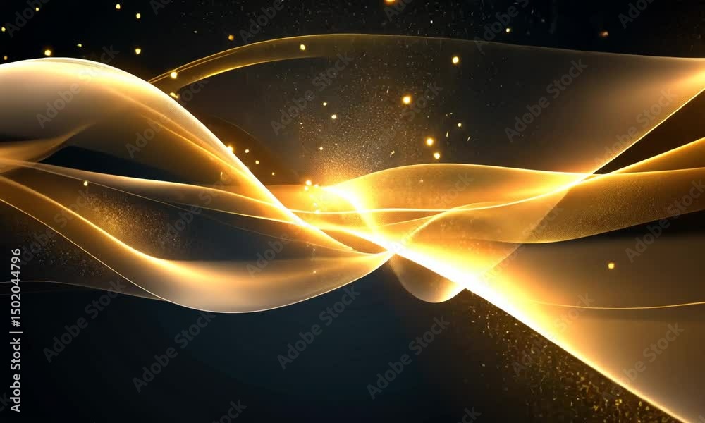 Golden wavy lines with glowing particles.