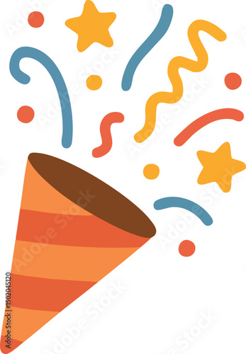 Vibrant Celebration: Flat Vector Illustration of a Party Popper with Colorful Confetti, Stars, and Streamers Bursting Out in Joyful Festivity